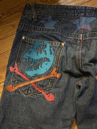 Y2K Shmack T-Rex Skull and Bones 100% Raw Cotton Selvedge Denim 36X32 - Picture 5 of 12
