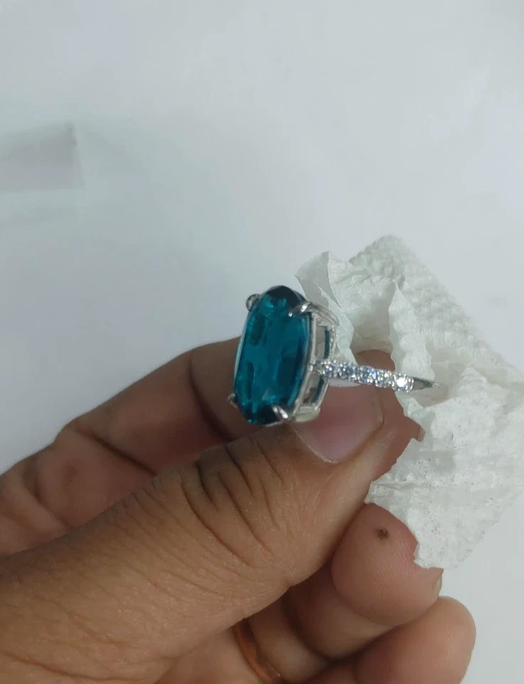 14k White Gold Plated 3 Ct Oval Cut Lab-Created Topaz Blue Engagement Ring - Image 4 of 4