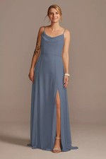 Azazie Cowl Neck Chiffon Dress Size 12 Steel Blue W/Slit Style# F20235 David NWT