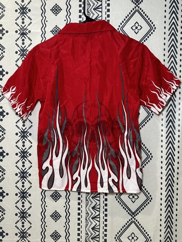 Y2K- Xtreme Limit Red Skull Fire Button Down Shirt Boy Size 8 - Picture 2 of 4