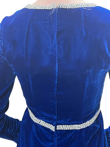 XS~S Vtg 60s Blue Velvet Mod Mini Dress Babydoll Silver Metallic Trim Party - Picture 6 of 14