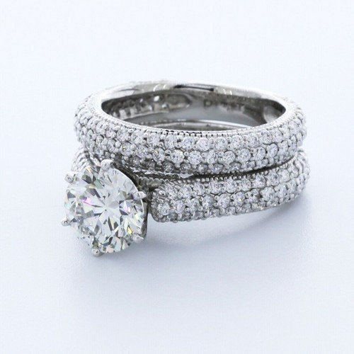 4.84CTW LAB DIAMONDS D/SI1 ROUND CUT PLATINUM PRONG MILGRAIN SIDE-STONE RING SET - Picture 2 of 7