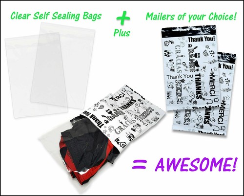 100 Pack, 50 Each 10x13" Flat Poly Mailers & Clear Self Sealing Bags for Shirts - Picture 4 of 55