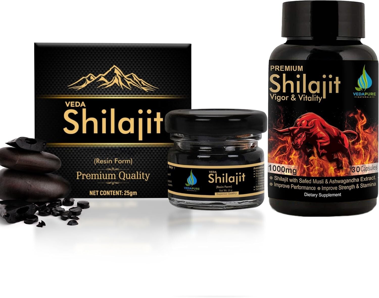Himalayan Pure 100% Shilajit Resin with Fulvic Acid - 30 Free Caps