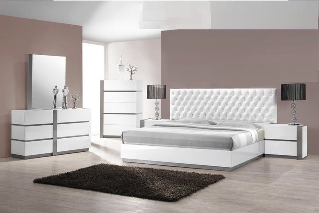 Modern 4pc Bedroom Set East King Size Seville Bed Furniture White Lacquer Color