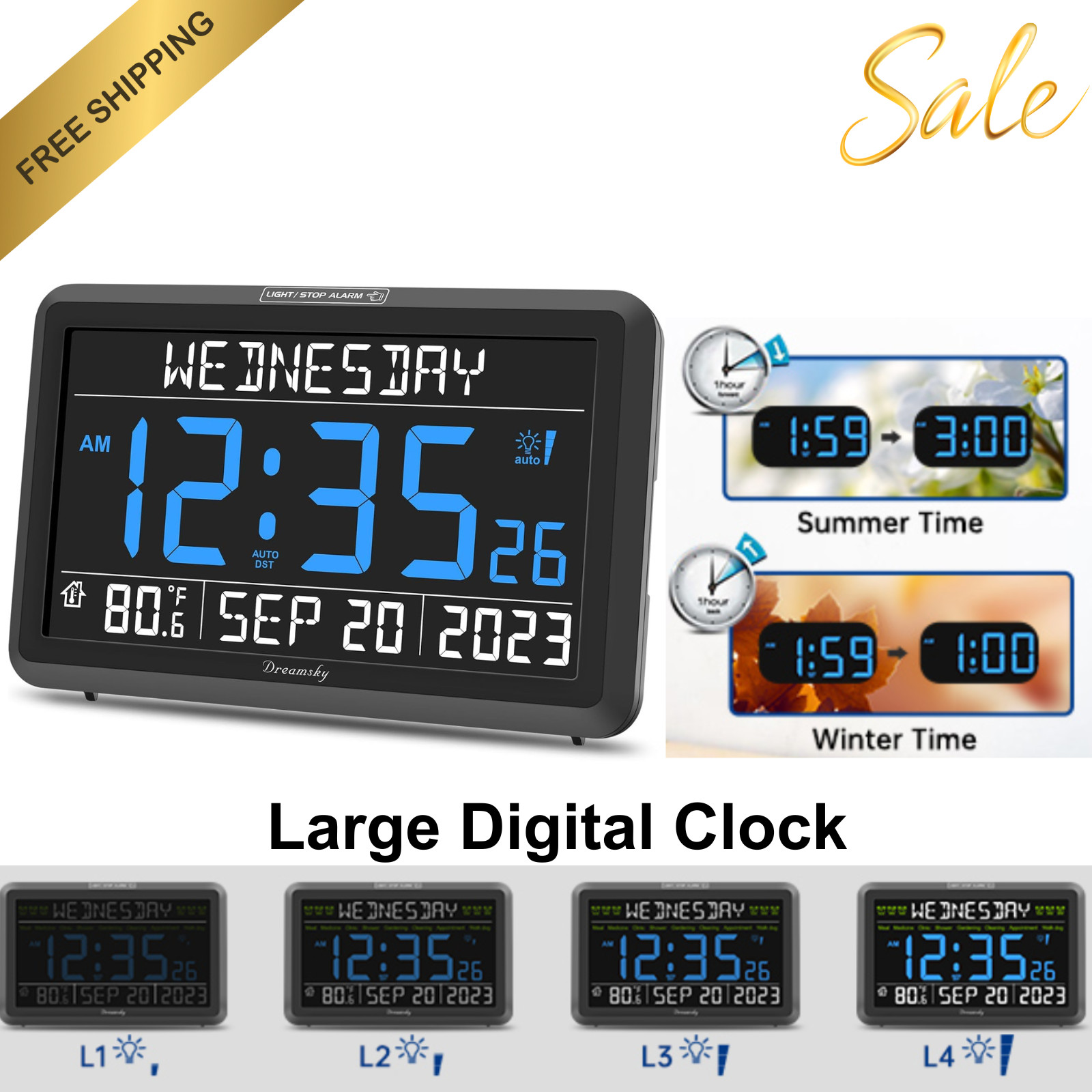 DreamSky Digital Clock with Date and Day of Week - Large Calendar Clock, Black