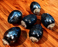 Royal Blue Crackle Glass Egg Ornaments With Faux Rhinestone Caps And Rings