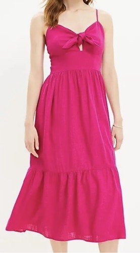 Women’s LOFT Tie Front Strappy Midi Dress Size 12 Color Fuchsia