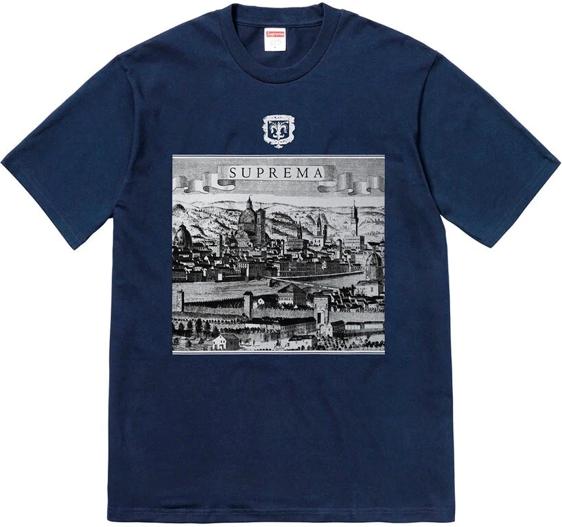 T shirt SUPREME Fiorenza bleu marine authentique épuisé neuf avec étiquette SS18 Suprema M DeadStock Medium