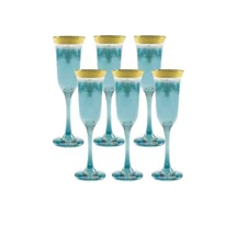 Elegant Modern Glass Made Drinkware - 9 oz. Blue Flutes, Set of 6, Gold Band
