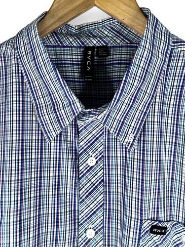 RVCA 2XL Cotton Pocket Logo Short Sleeve Button Up Shirt Blue Contrast Plaid XXL - Picture 22 of 24