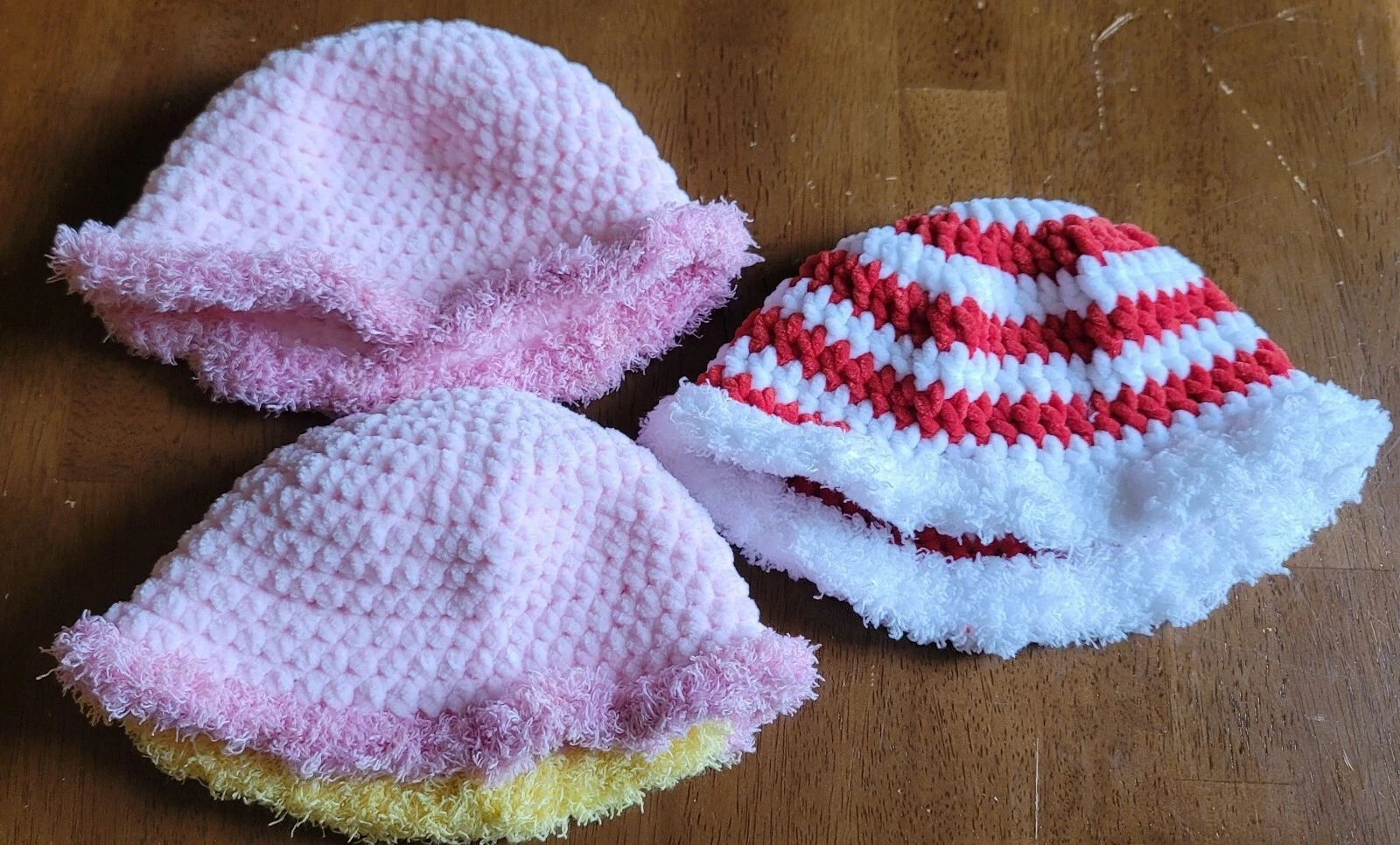 Baby Beanie Hats Crochet Handmade Trio all 3 Pink Yellow Red White Striped