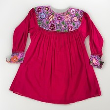 Mexican Embroidered Peasant Blouse Boho Tunic Pink Floral Cotton Top Dress OS