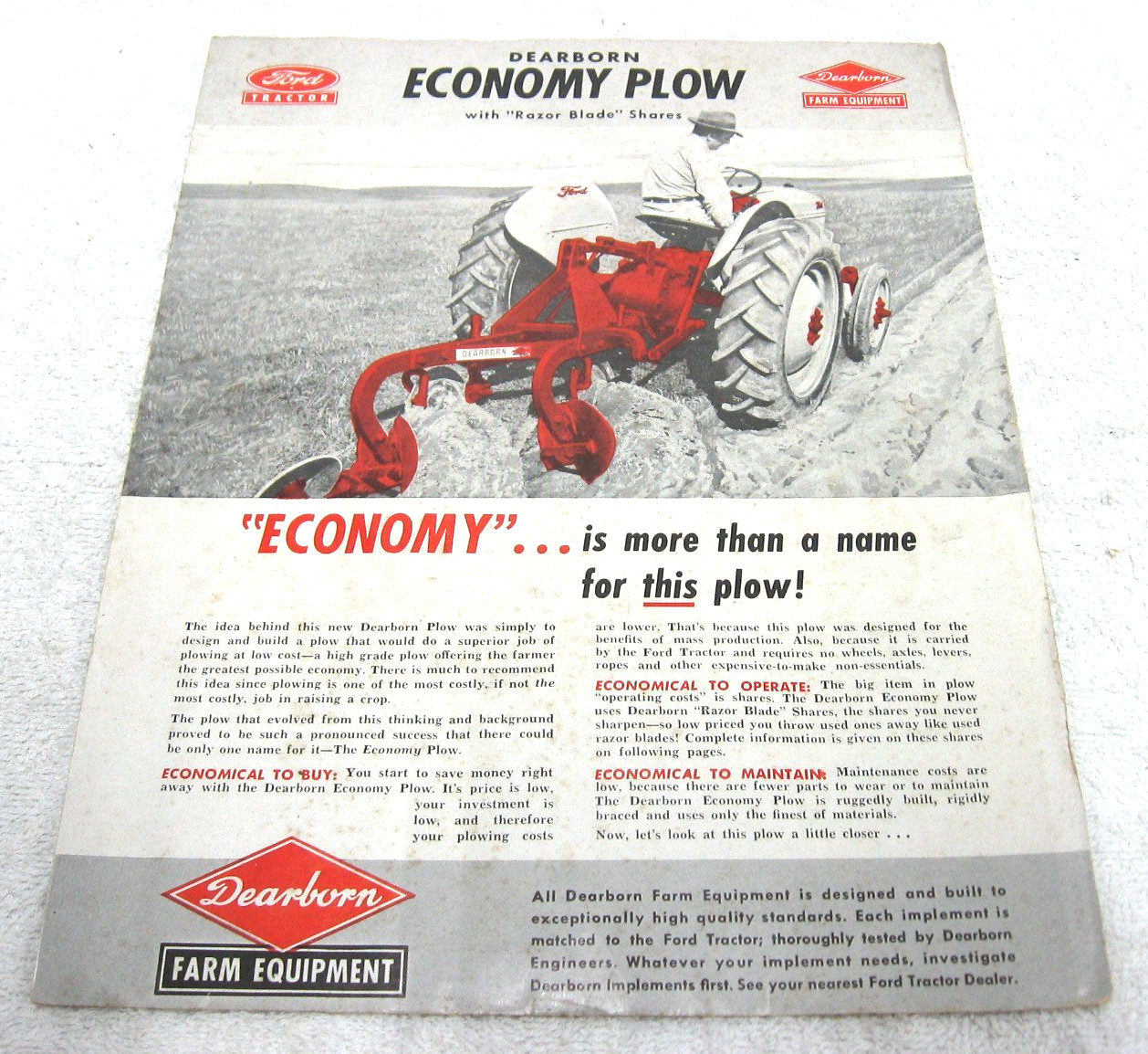1950 FORD TRACTOR DEARBORN 2 BOTTOM PLOW BROCHURE ORIGINAL