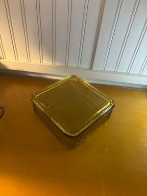 Vintage Federal Glass  Ribbed AMBER Glass Refrigerator Square Dish w/ Lid 8.5''