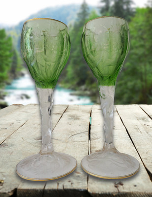 2 MOSER Intaglio Cut Art Nouveau Green Shaded to Clear Wine Goblets