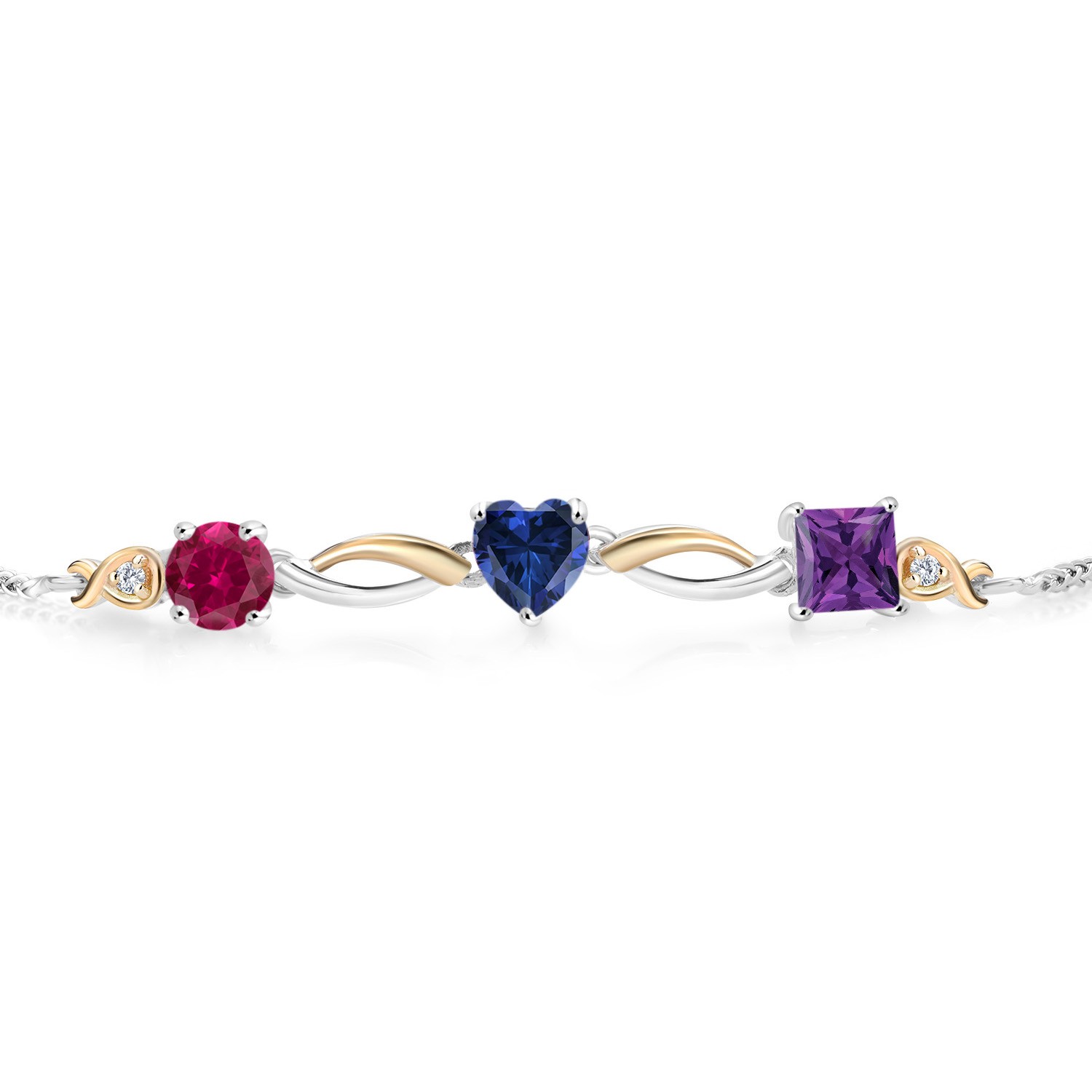 925 Silver and 10K Yellow Gold Created Ruby Created Sapphire Amethyst and Lab