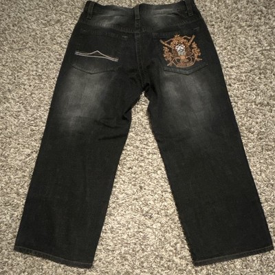 Avirex Men's Black Dark Wash Wide-Leg Jeans Regular Fit Mid Rise Embroidered