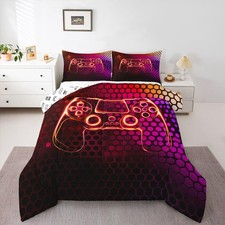 Kids Red Gamer Comforter Set Full Size, Honeycomb Gaming Bedding Set Geometri...