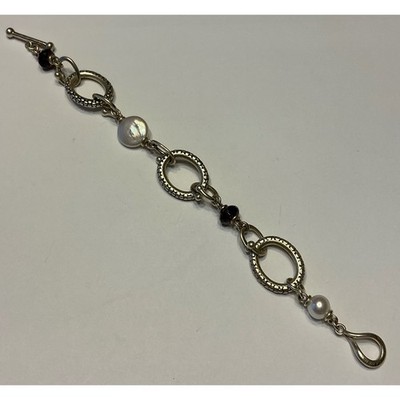 Michael Dawkins Sterling Silver 925 Pearl Smoky Quartz Granulated Link Bracelet