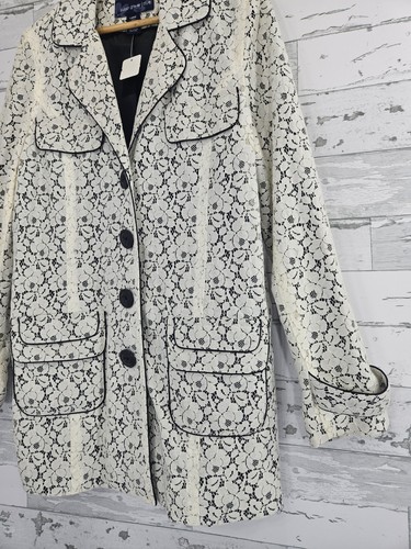 Susan Graver Lace Overlay Trench Coat Ivory Black Trimmed Womens Large - Picture 5 of 14