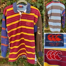 Canterbury Of New Zealand Striped Color Block Rugby Shirt Paint Stains Worn Sz L