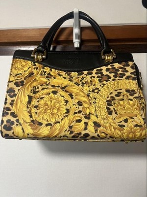 Versace Leopard Gold Accent Handbag Leather & Fabric Used Mid-Size