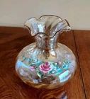 Fenton Art Glass Hand Painted Roses Amber Ruffled Vase Ruffled 4"