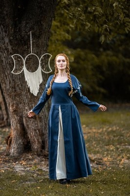   Medieval Dove Blue/Natural Dress - Lace Up Back, Detachable Sleeves