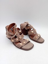 M&S Women's Shoes Size 5 Brown Real Suede Gold Studded Strappy Block Heels New