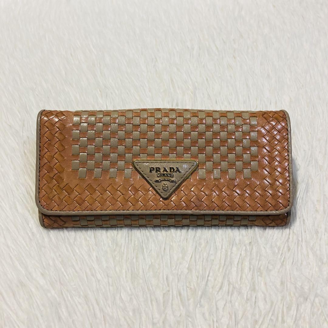 Prada Gray Beige Knitted Leather Long Wallet Authentic Excellent Condition-image
