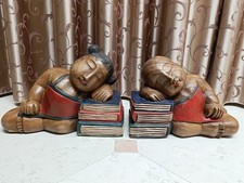 Coppia statue bambino e donna Buddha in legno intagliato a mano vintage Thailand
