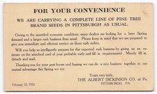Postal de comerciante de semillas de Albert Dickinson Co 1932 marca de pino Pittsburgh PA