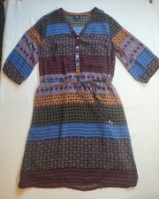 Art Teacher Shirt Dress Boho Artsy Sheer Colorful Multi Print Button Tie Size L 