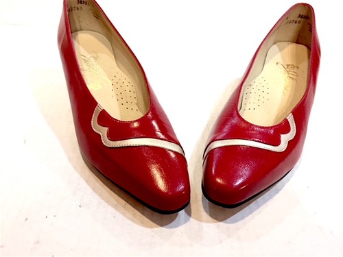 ZAPATOS DE SALÓN JOHANSEN 8N CUERO ROJO CON ACENTO GRIS PLATEADO PERFECTO HECHO EN - Imagen 4 de 11