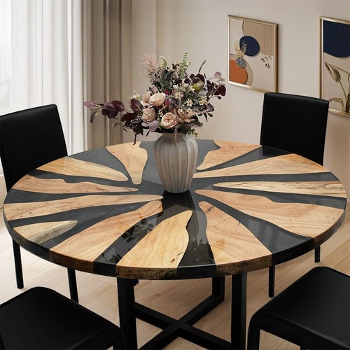 Custom Black Round Epoxy Resin Walnut Coffee and Dining Table- Handmade table to