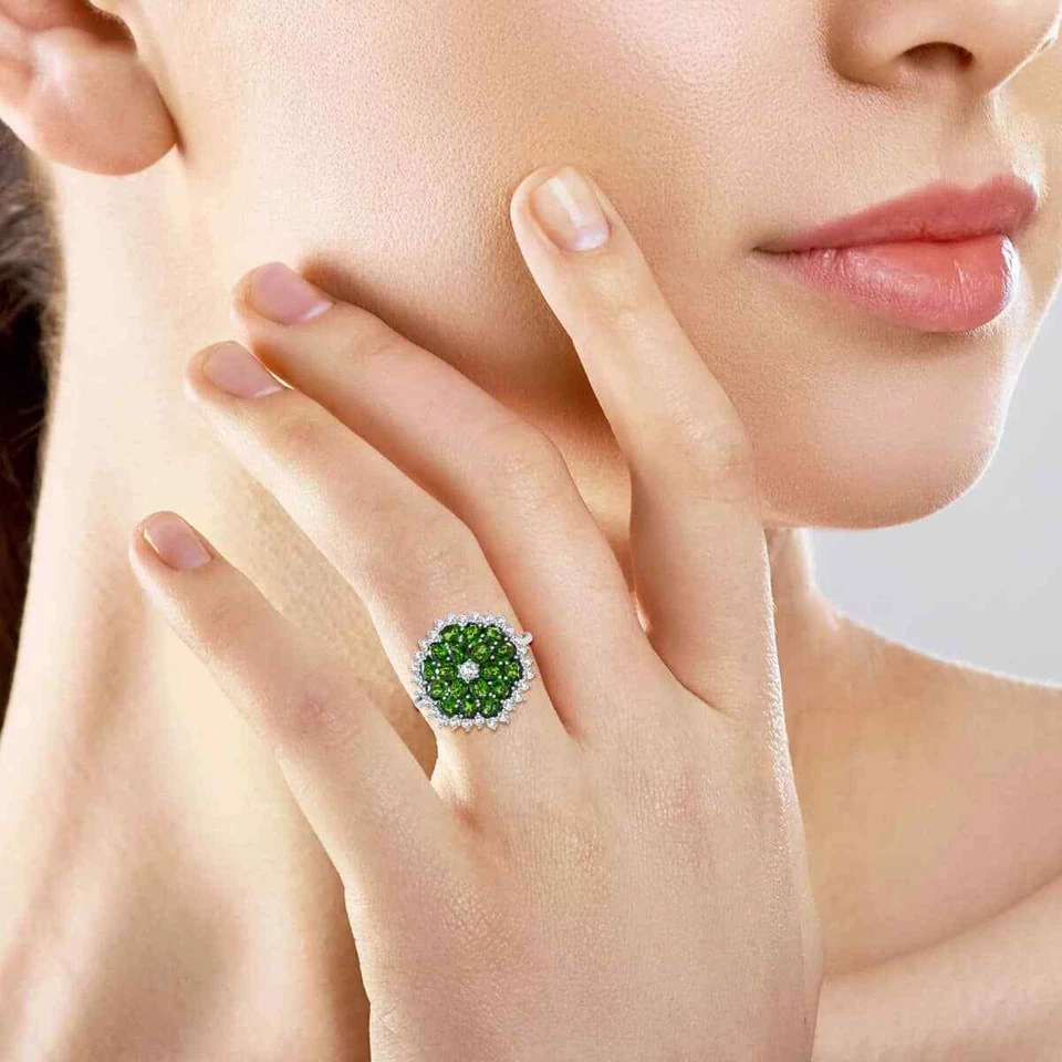 STUNNING!!  4.85ctw Chrome Diopside & Zircon Spray Ring Platinum Plated Size 6 Foto 2 de 4
