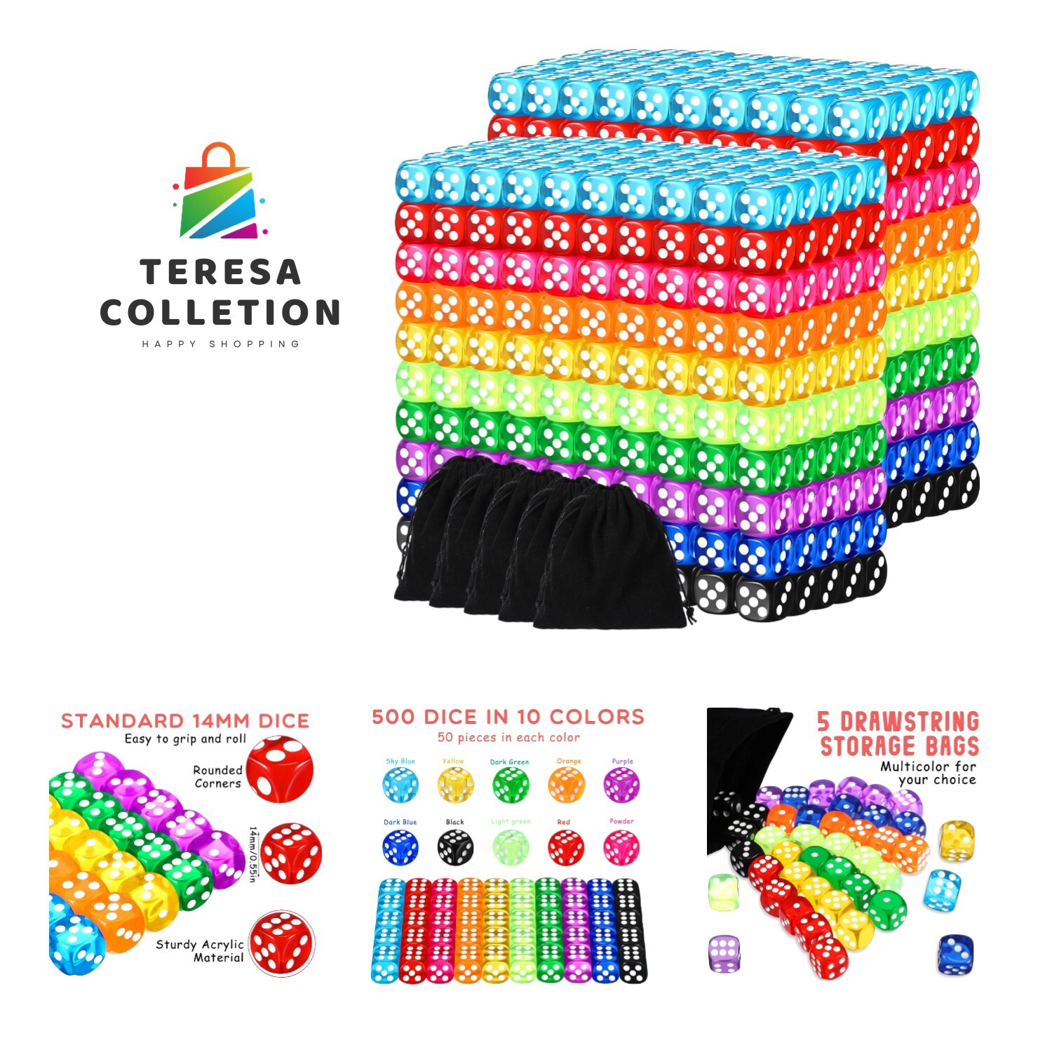 1000 Pcs 14mm Colored Dice Bulk Dice 6 Sided Dice Set with 5 Pieces Drawstrin...