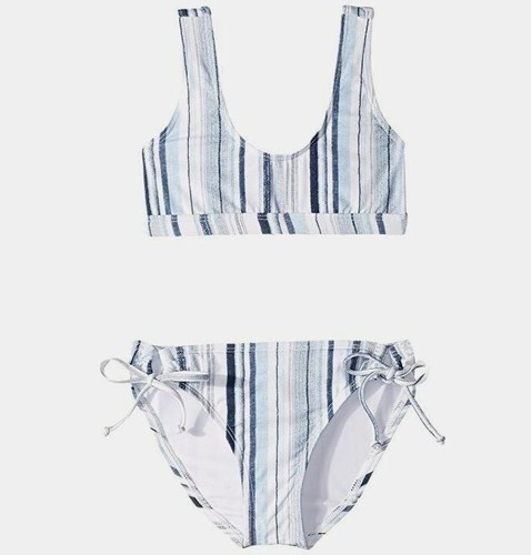 $164 Splendid Girl's White Blue Striped Scoop-Neck Bikini Set Swimsuit Size 7