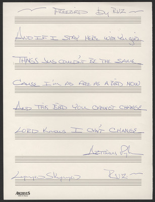 LYNYRD SKYNYRD signierter handgeschriebener ''Freebird''-Text Artimus Pyle/RVZ-Vordruck
