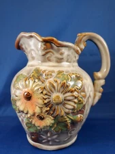 Vintage Pitcher Colorful Flowers Brown Green Glaze