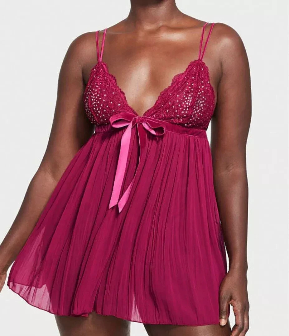 NWT Victoria’s Secret Pleated Embellished Babydoll Chemise Lingerie Size Medium