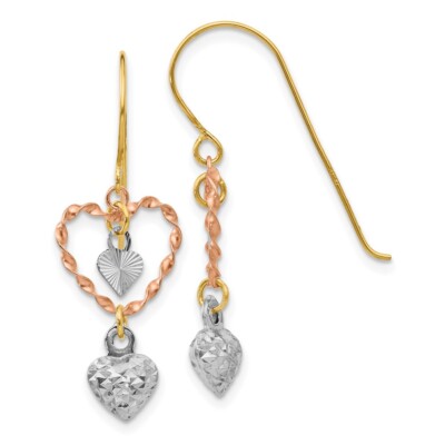 Echte 14kt dreifarbige Herz-Ohrhänger mit Diamantschliff