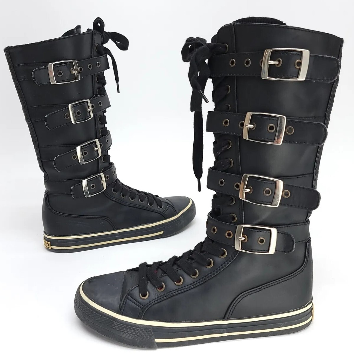 Underground Shoes England Boots Black 4 Buckle 17 Eyelet Zip Up