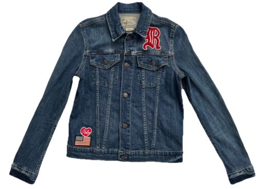 Polo Ralph Lauren Girls Hearts Bear Bee USA Flag Patches Denim Trucker Jacket 14 - Picture 2 of 12