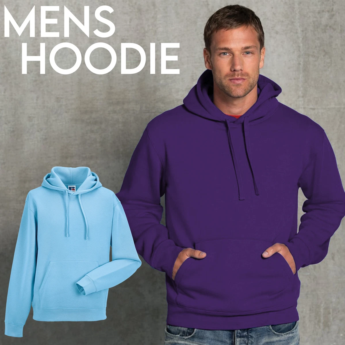 Mens Pullover Hoodie Hooded Sweatshirt Big & Tall Plain Purple Sky Blue  Jumper