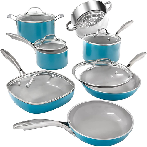 Juego de ollas antiadherentes de cerámica para cubrir 12 piezas utensilios de cocina ultra antiadherentes seguro para horno azul - Imagen 7 de 7