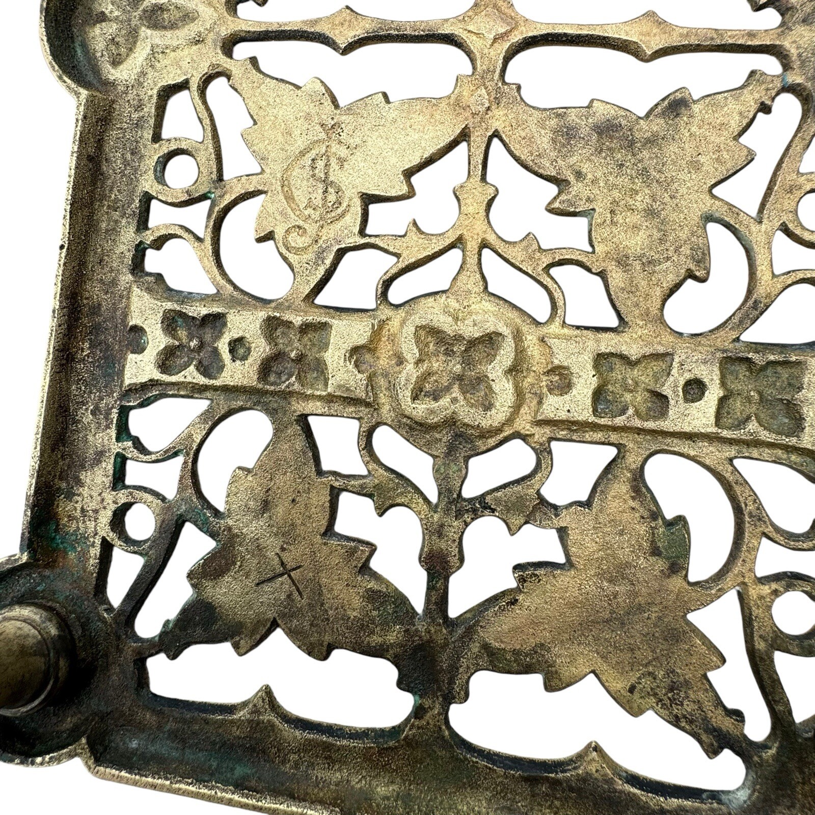 ANTIQUE BRASS FIREPLACE TRIVET KETTLE FOUR LEG STOOL MAKERS MARK 10.5”x 6”x 6”