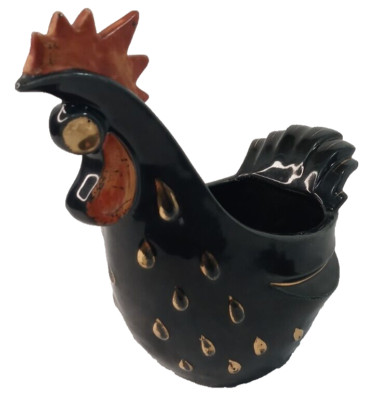 Napco MCM Vintage Planter Rooster Chicken Ceramic Hand Painted Black Red Gold