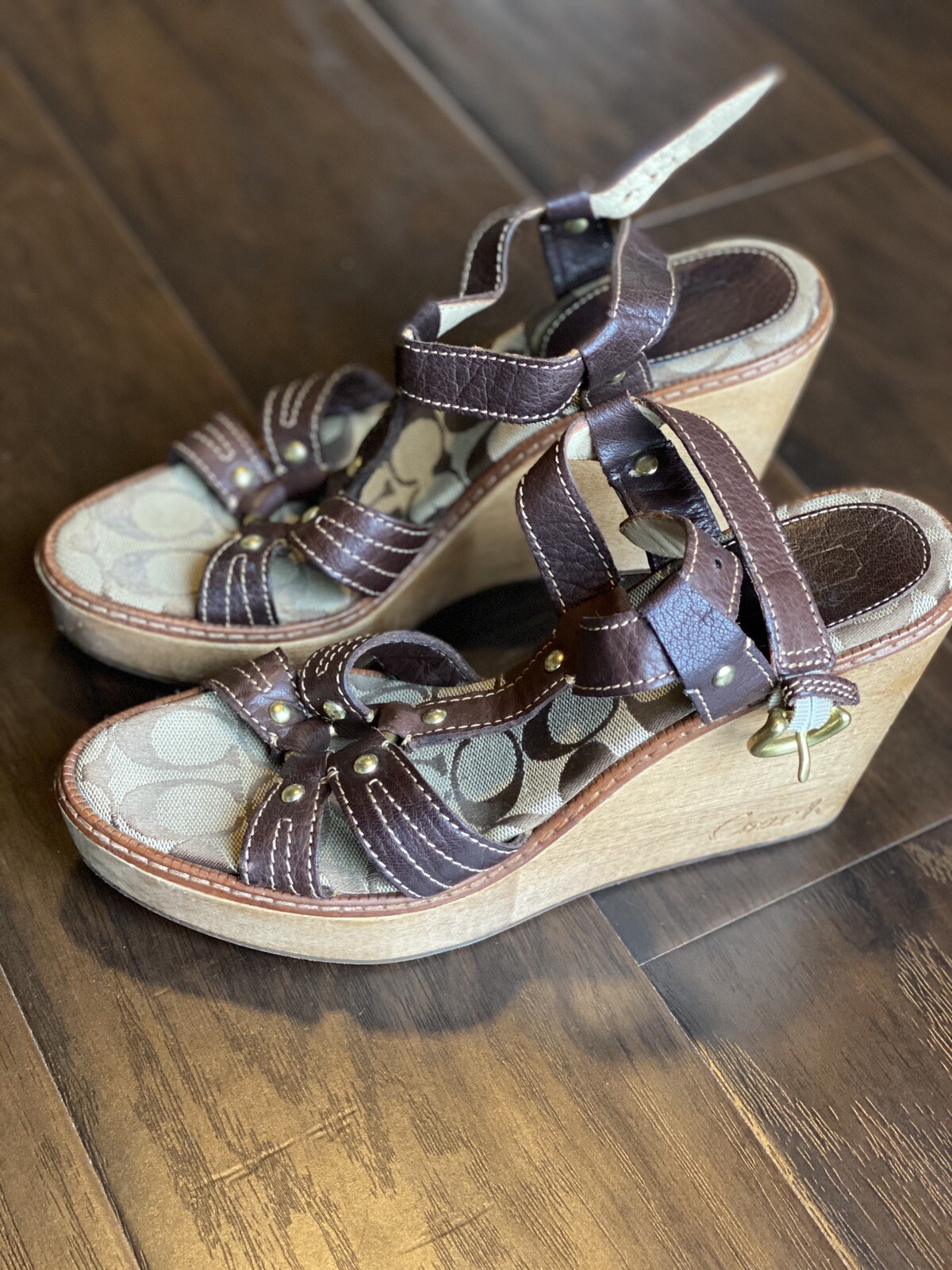 Coach Womens 9 Sandals Brown Wedge Mayra Gem